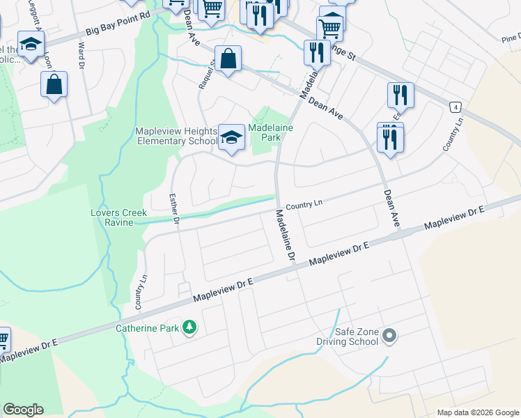 map of restaurants, bars, coffee shops, grocery stores, and more near 140 Country Lane in Barrie
