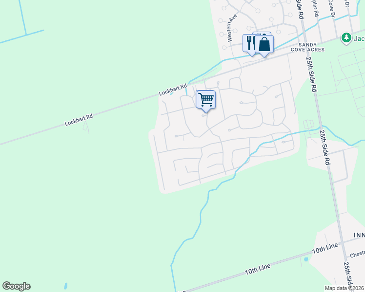 map of restaurants, bars, coffee shops, grocery stores, and more near 76 Linden Lane in Innisfil