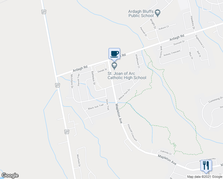 map of restaurants, bars, coffee shops, grocery stores, and more near 425 Mapleton Avenue in Barrie