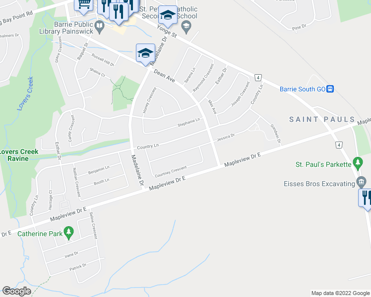 map of restaurants, bars, coffee shops, grocery stores, and more near 42 Jessica Drive in Barrie