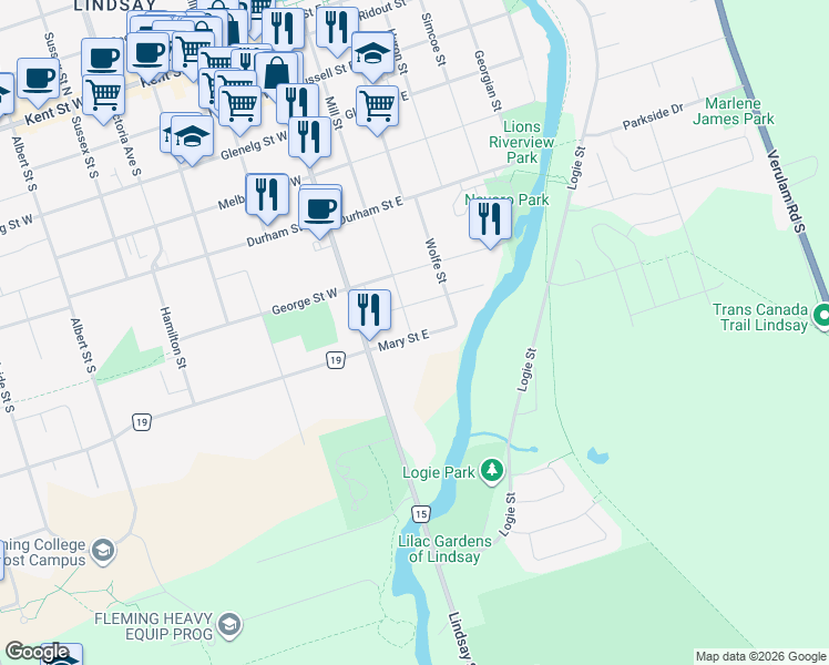 map of restaurants, bars, coffee shops, grocery stores, and more near 16 Mary Street East in Kawartha Lakes