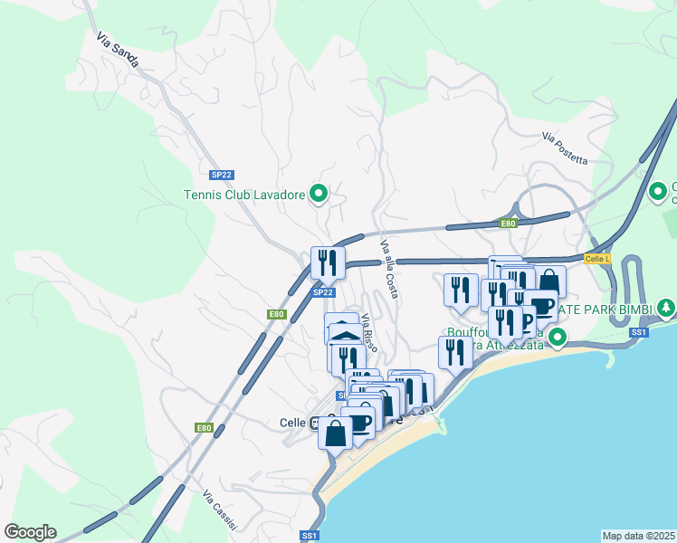 map of restaurants, bars, coffee shops, grocery stores, and more near 22 Via Lavadore in Celle Ligure
