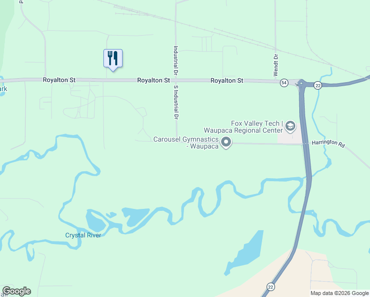 map of restaurants, bars, coffee shops, grocery stores, and more near 777 Industrial Drive in Waupaca