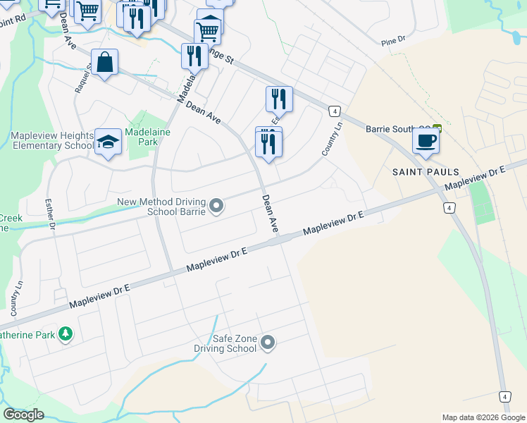 map of restaurants, bars, coffee shops, grocery stores, and more near 65 Jessica Drive in Barrie