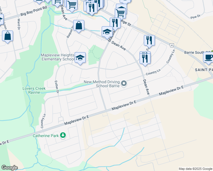 map of restaurants, bars, coffee shops, grocery stores, and more near Country Lane in Barrie