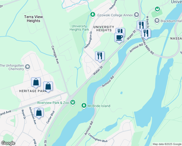 map of restaurants, bars, coffee shops, grocery stores, and more near 30 Champlain Crescent in Peterborough