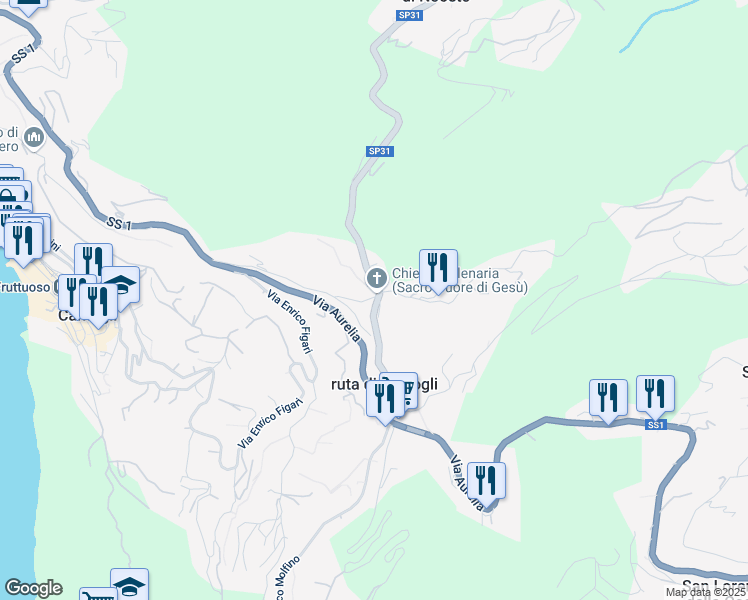map of restaurants, bars, coffee shops, grocery stores, and more near 34/1 Via Venticinque Aprile in Camogli