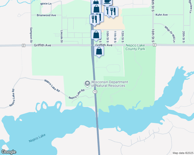 map of restaurants, bars, coffee shops, grocery stores, and more near 5211 State Highway 13 in Wisconsin Rapids