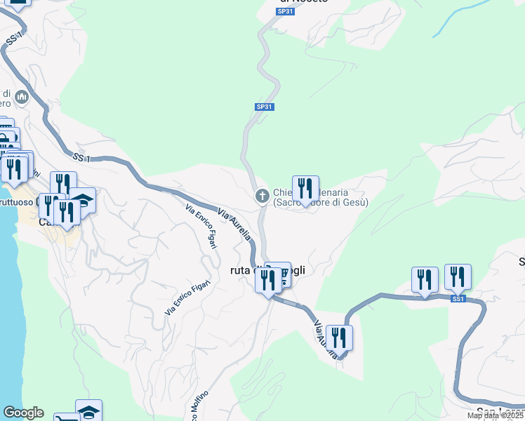 map of restaurants, bars, coffee shops, grocery stores, and more near 34/1 Via Venticinque Aprile in Camogli