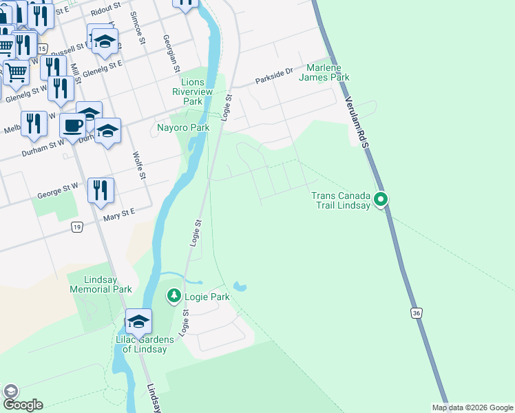 map of restaurants, bars, coffee shops, grocery stores, and more near 71 Truax Street in Kawartha Lakes