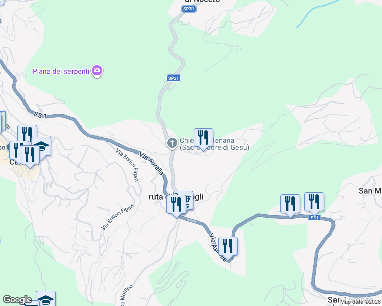 map of restaurants, bars, coffee shops, grocery stores, and more near 8 Via Chiesa Vecchia di Bana in Ruta