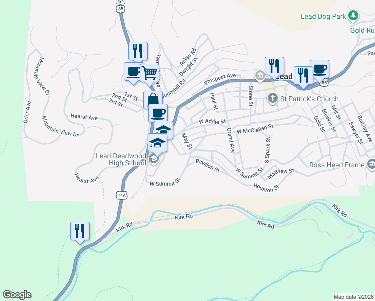 map of restaurants, bars, coffee shops, grocery stores, and more near 831 West Summit Street in Lead