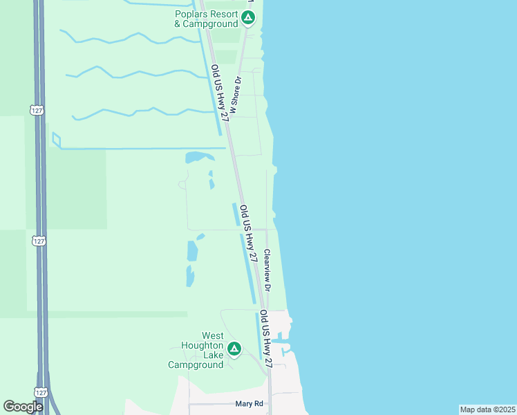 map of restaurants, bars, coffee shops, grocery stores, and more near 202-206 Clearview Drive in Houghton Lake