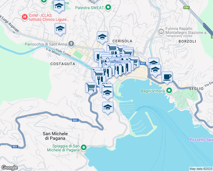 map of restaurants, bars, coffee shops, grocery stores, and more near 12 Via Armando Diaz in Rapallo