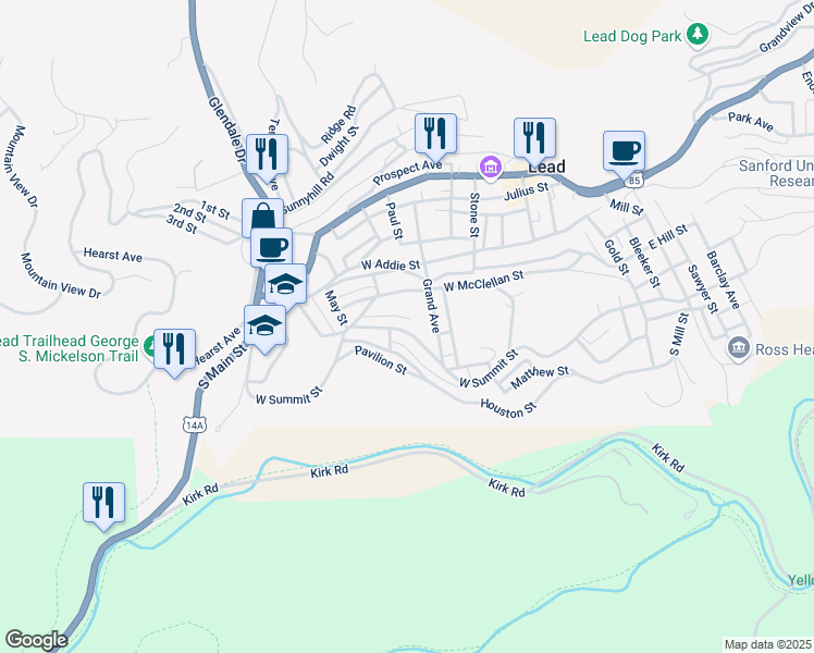 map of restaurants, bars, coffee shops, grocery stores, and more near 616 West Summit Street in Lead