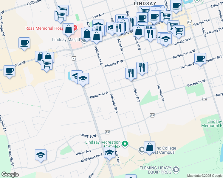 map of restaurants, bars, coffee shops, grocery stores, and more near 124 Durham Street West in Kawartha Lakes