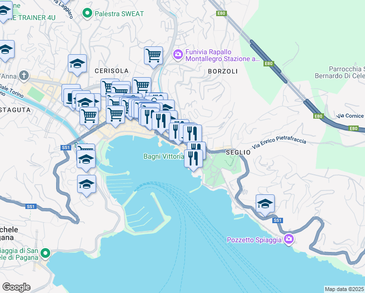 map of restaurants, bars, coffee shops, grocery stores, and more near 33 Via Paolo Zunino in Rapallo