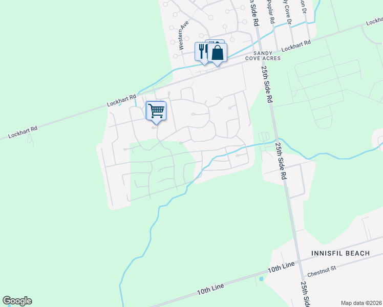 map of restaurants, bars, coffee shops, grocery stores, and more near 7 Trefoil Drive in Innisfil