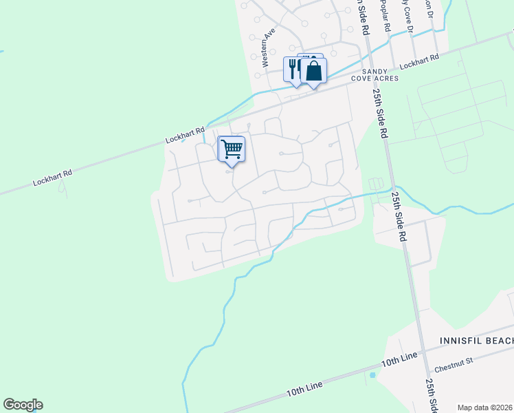 map of restaurants, bars, coffee shops, grocery stores, and more near 58 Linden Lane in Innisfil