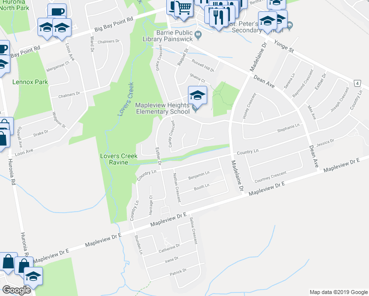 map of restaurants, bars, coffee shops, grocery stores, and more near Carley Crescent in Barrie