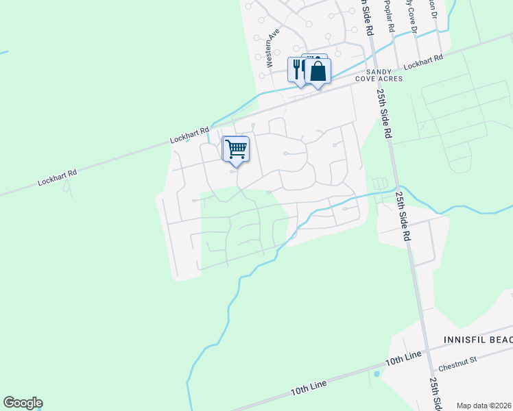map of restaurants, bars, coffee shops, grocery stores, and more near 4 Weeping Willow Drive in Innisfil