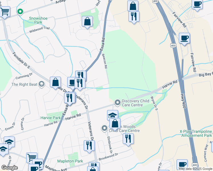 map of restaurants, bars, coffee shops, grocery stores, and more near 85 Montserrand Street in Barrie