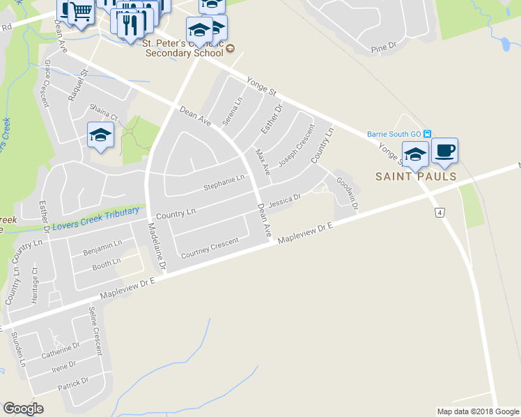 map of restaurants, bars, coffee shops, grocery stores, and more near 89 Jessica Drive in Barrie