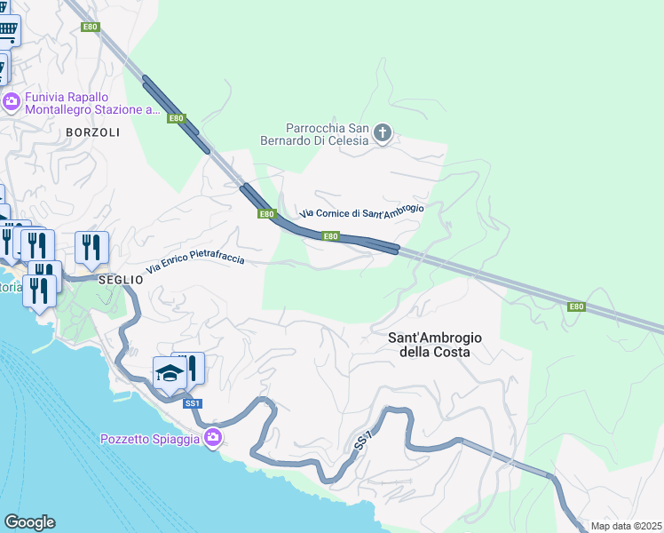 map of restaurants, bars, coffee shops, grocery stores, and more near 103 Via Cornice di Sant'Ambrogio in Zoagli