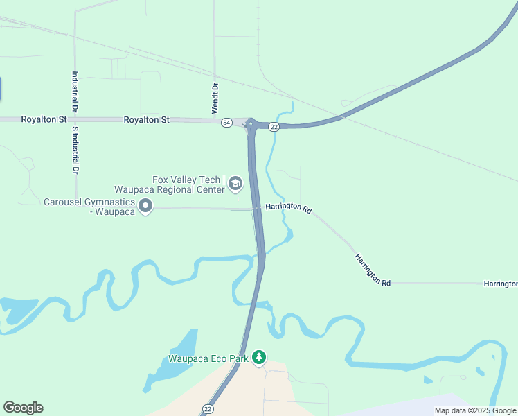 map of restaurants, bars, coffee shops, grocery stores, and more near Harrington Road in Waupaca