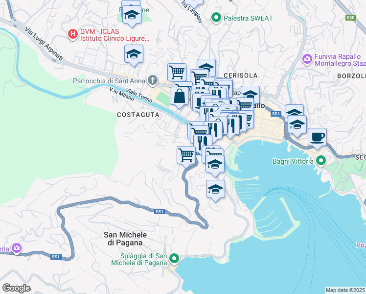 map of restaurants, bars, coffee shops, grocery stores, and more near 46 Via Costaguta Romana in Rapallo