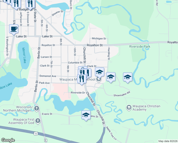 map of restaurants, bars, coffee shops, grocery stores, and more near 945B Churchill Street in Waupaca