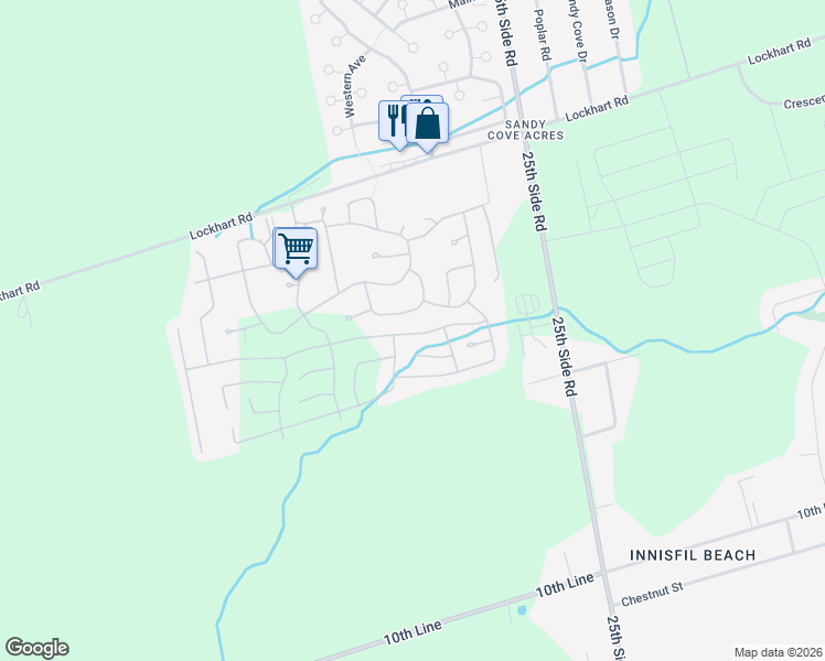 map of restaurants, bars, coffee shops, grocery stores, and more near 19 Trefoil Drive in Innisfil