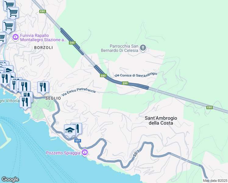 map of restaurants, bars, coffee shops, grocery stores, and more near 103 Via Cornice di Sant'Ambrogio in Zoagli