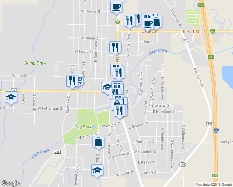 map of restaurants, bars, coffee shops, grocery stores, and more near 90 N Main St in Buffalo