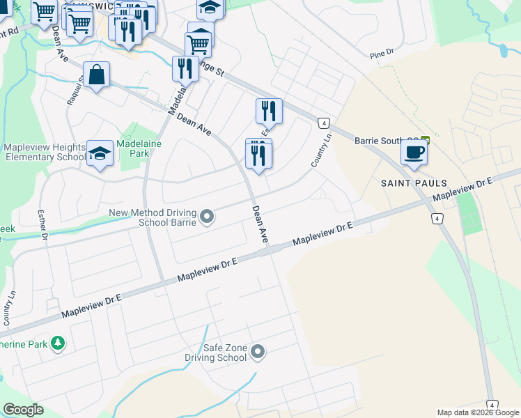 map of restaurants, bars, coffee shops, grocery stores, and more near 72 Jessica Drive in Barrie