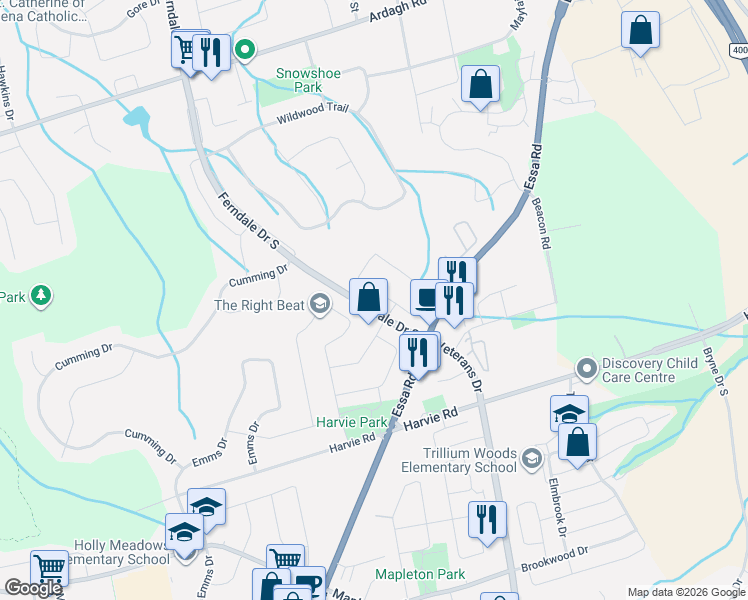 map of restaurants, bars, coffee shops, grocery stores, and more near 85 Cityview Circle in Barrie