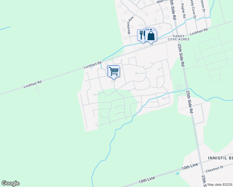 map of restaurants, bars, coffee shops, grocery stores, and more near 58 Linden Lane in Innisfil