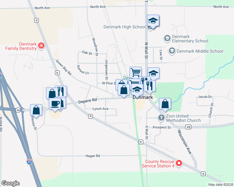 map of restaurants, bars, coffee shops, grocery stores, and more near 227 Depere Road in Denmark