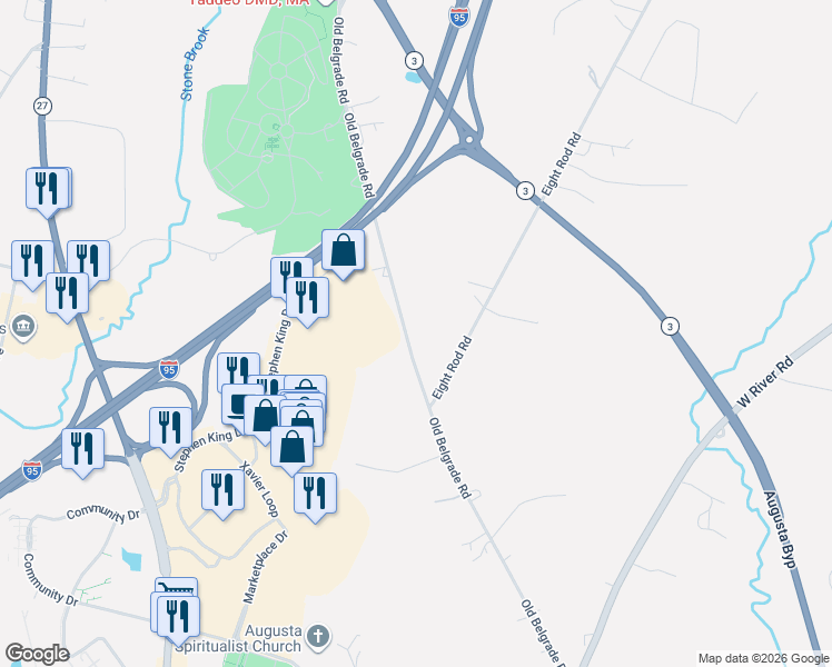 map of restaurants, bars, coffee shops, grocery stores, and more near 145 Old Belgrade Road in Augusta