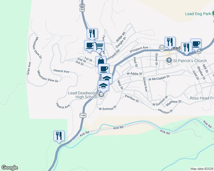 map of restaurants, bars, coffee shops, grocery stores, and more near 320 South Main Street in Lead
