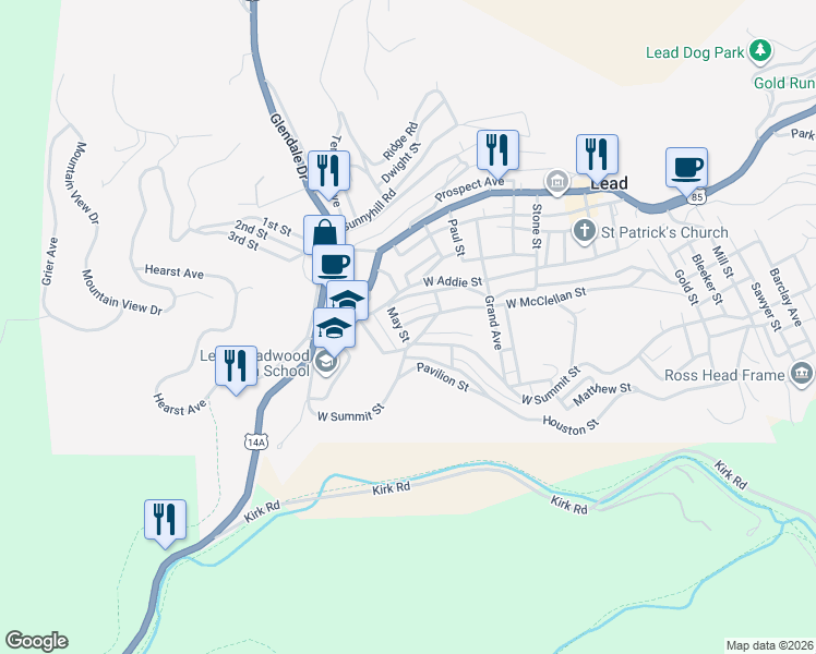 map of restaurants, bars, coffee shops, grocery stores, and more near 831 West Summit Street in Lead