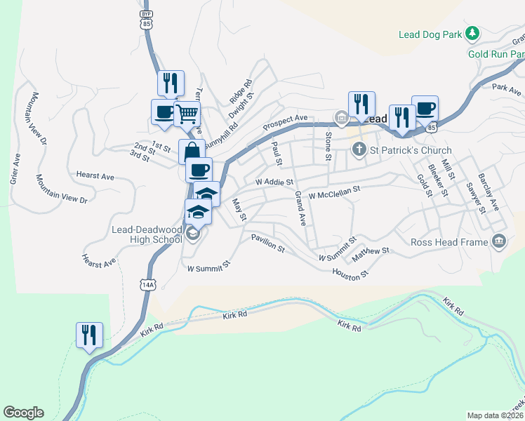 map of restaurants, bars, coffee shops, grocery stores, and more near Rock St in Lead