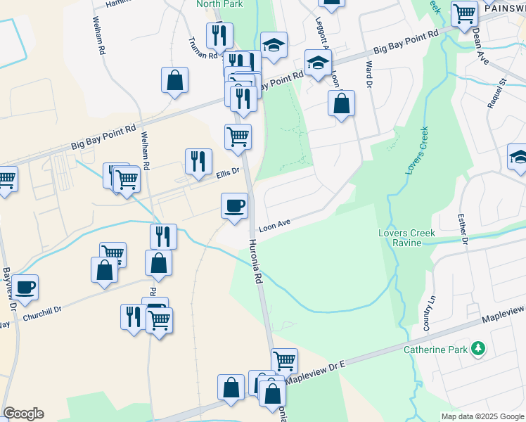 map of restaurants, bars, coffee shops, grocery stores, and more near 106 Gadwall Avenue in Barrie