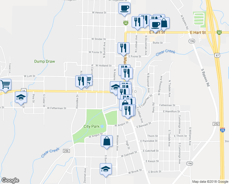 map of restaurants, bars, coffee shops, grocery stores, and more near Fort St & N Adams Ave in Buffalo