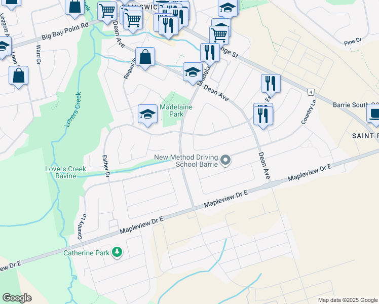 map of restaurants, bars, coffee shops, grocery stores, and more near 17 Stephanie Lane in Barrie