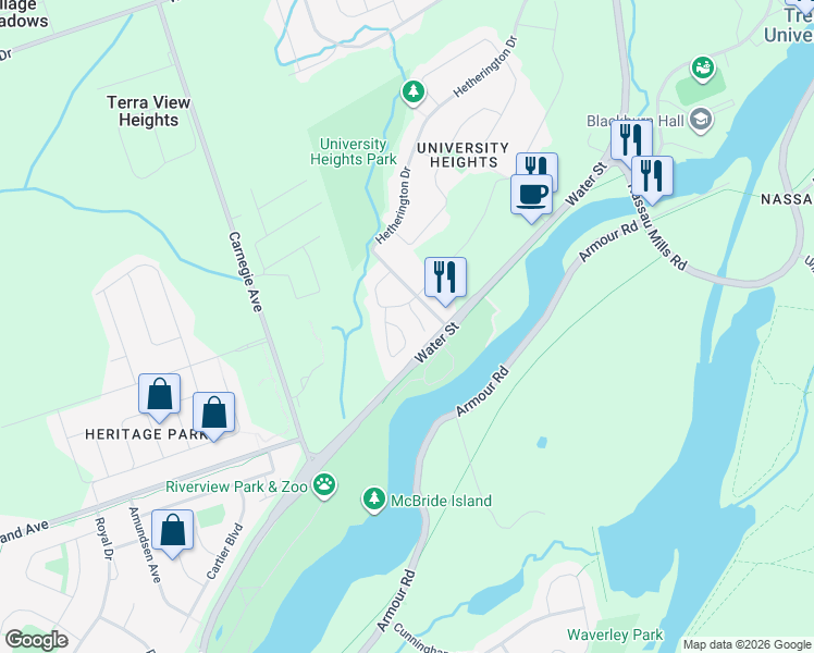 map of restaurants, bars, coffee shops, grocery stores, and more near 30 Champlain Crescent in Peterborough