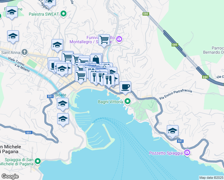 map of restaurants, bars, coffee shops, grocery stores, and more near 15 Via Montebello in Rapallo