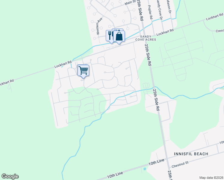 map of restaurants, bars, coffee shops, grocery stores, and more near 19 Trefoil Drive in Innisfil
