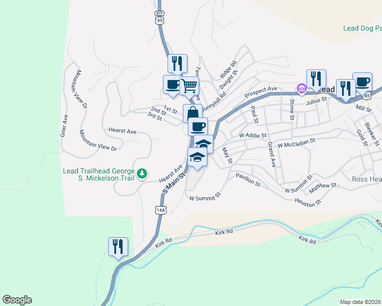 map of restaurants, bars, coffee shops, grocery stores, and more near 1 Baltimore Street in Lead