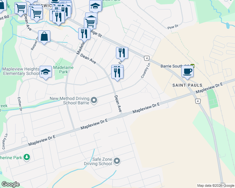 map of restaurants, bars, coffee shops, grocery stores, and more near 239 Country Lane in Barrie
